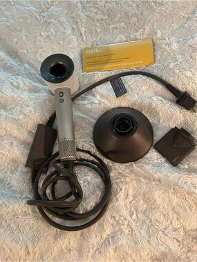 Dyson White and Silver Supersonic Hair Dryer with Black Accessories